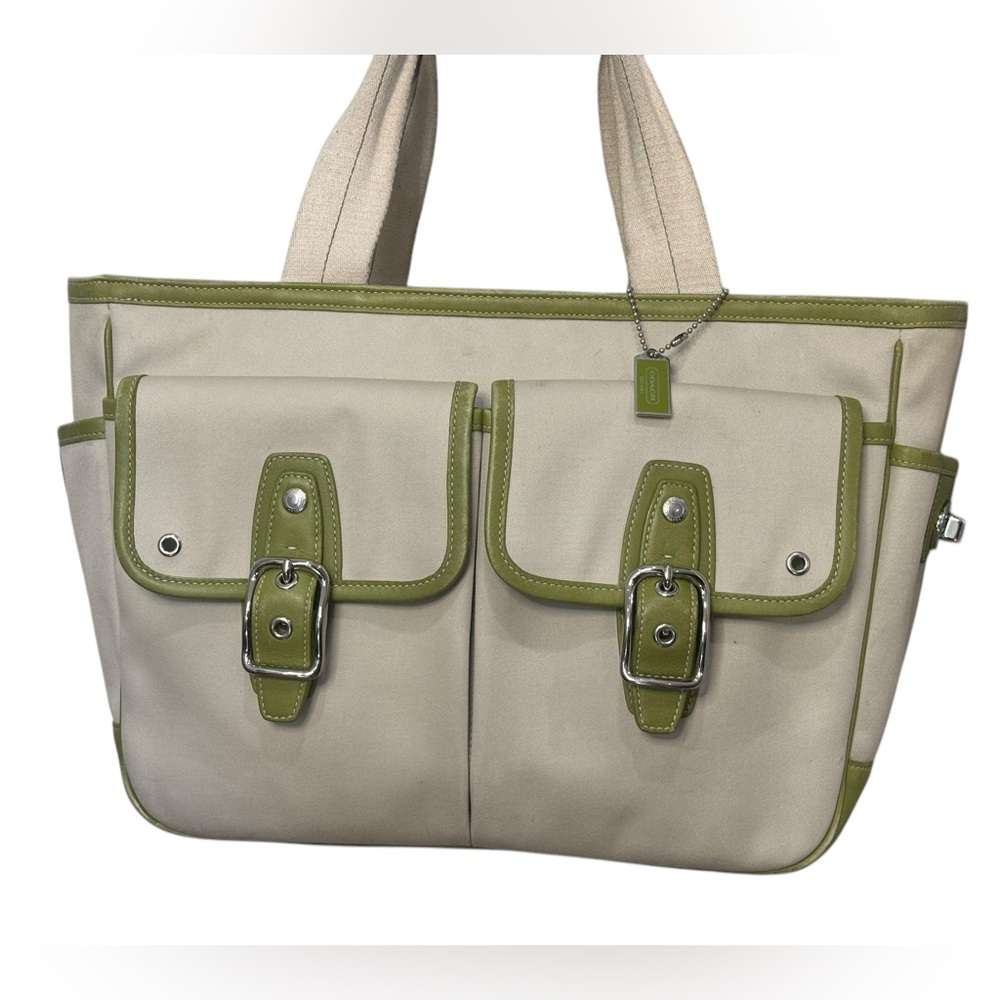 Coach Vintage Y2K Hampton Garden Tote Bag Purse Ivory Twill Green Leather 6734